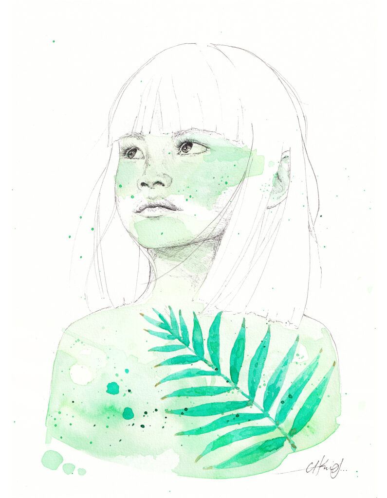 Retrato de una niña indígena con rotulador de punta fina y acuarela verde, sobre fondo blanco. La niña tiene una rama de palma tropical pintada a acuarela sobre su pecho.