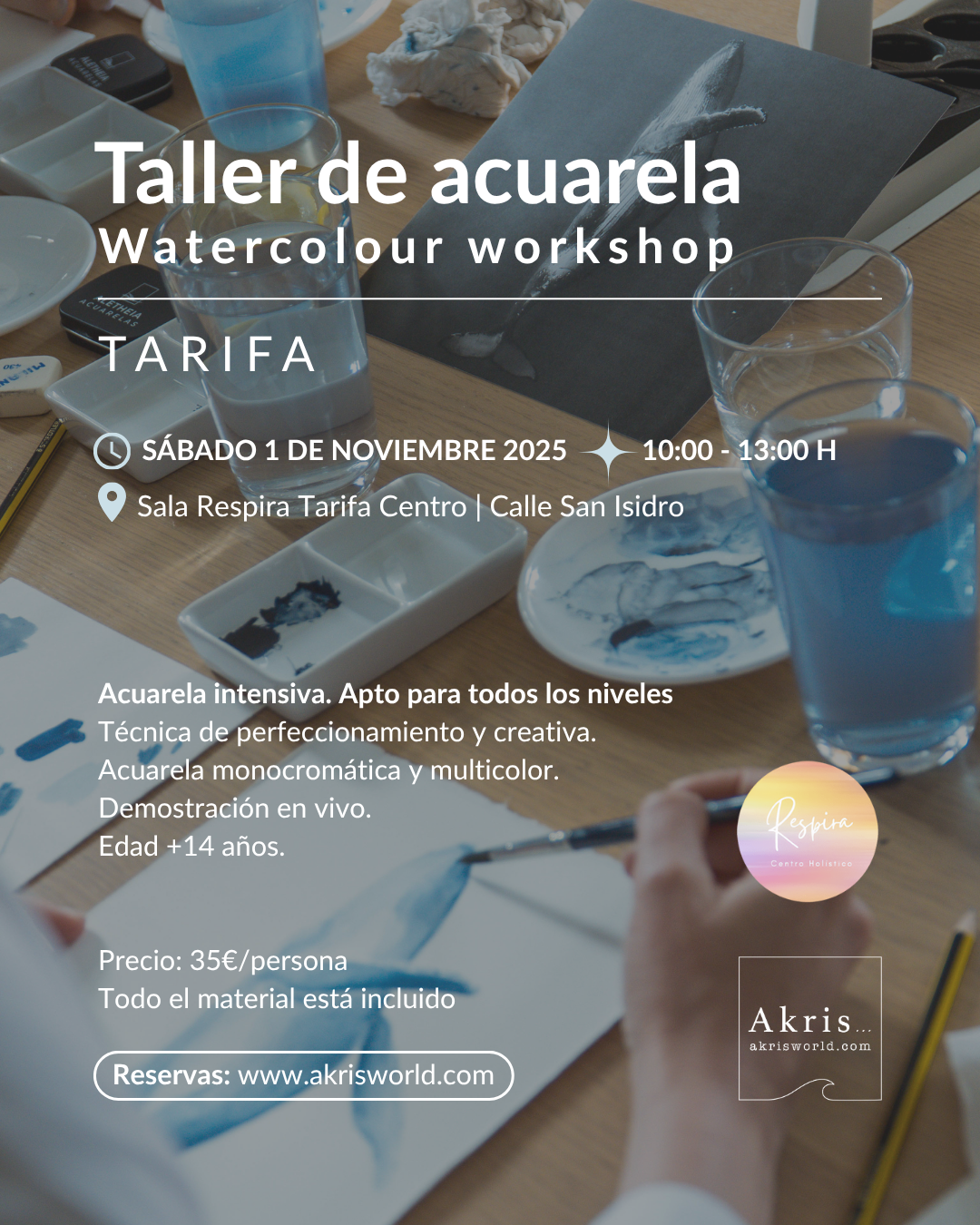Taller de acuarela en Tarifa impartido por Akris Painting en Respira Centro Holístico